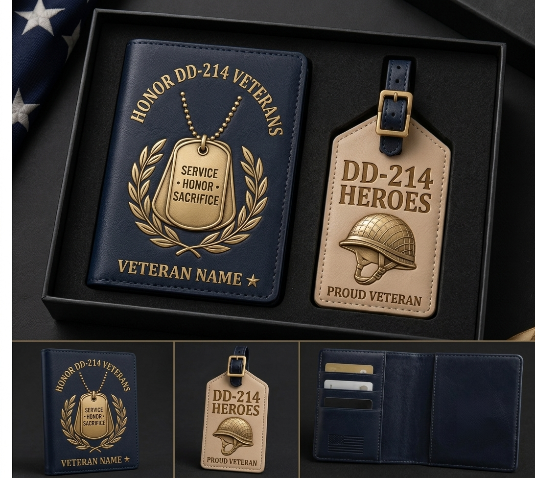 Personalized DD-214 Veterans Custom Leather Passport Cover & Luggage Tag Set