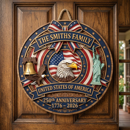 🎖️ Personalized USA 250th Anniversary Wooden Wall Sign – “A Nation’s Legacy, A Family’s Pride”