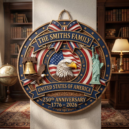 🎖️ Personalized USA 250th Anniversary Wooden Wall Sign – “A Nation’s Legacy, A Family’s Pride”