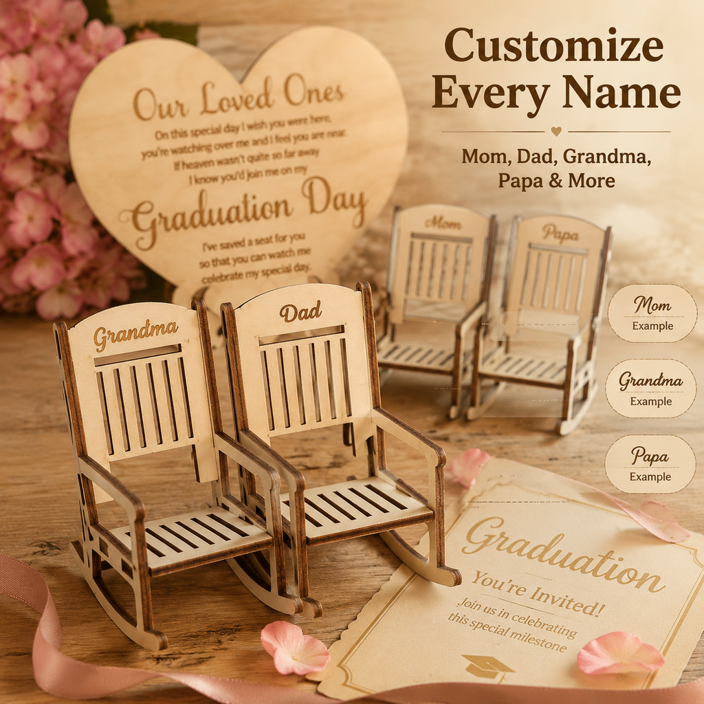 "Save a Seat" Personalized Graduation Memorial Set - Custom Wooden Rocking Chairs & Heart Sign