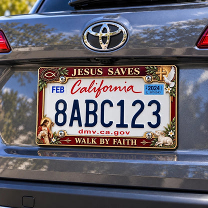 ✝️ “Jesus Saves” & “Walk by Faith” Commemorative Jesus License Plate Frame | Premium Metal, 3D Enamel Details & Secure Screw-On Fit 🚗
