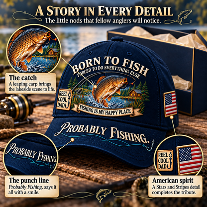 🎣 Born To Fish “Probably Fishing” USA Angler Tribute Cap  | Cotton-Poly Blend • Detailed Embroidery • Adjustable Fit