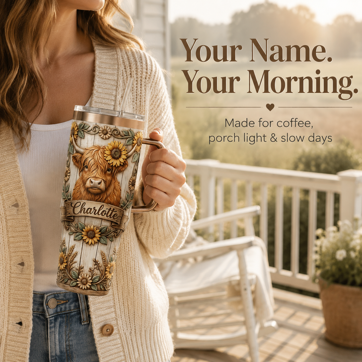 Personalized 30oz/40oz Highland Cow & Sunflower Tumbler | Custom Name Rustic Faux-Wood Engraved Look  🌻🤎
