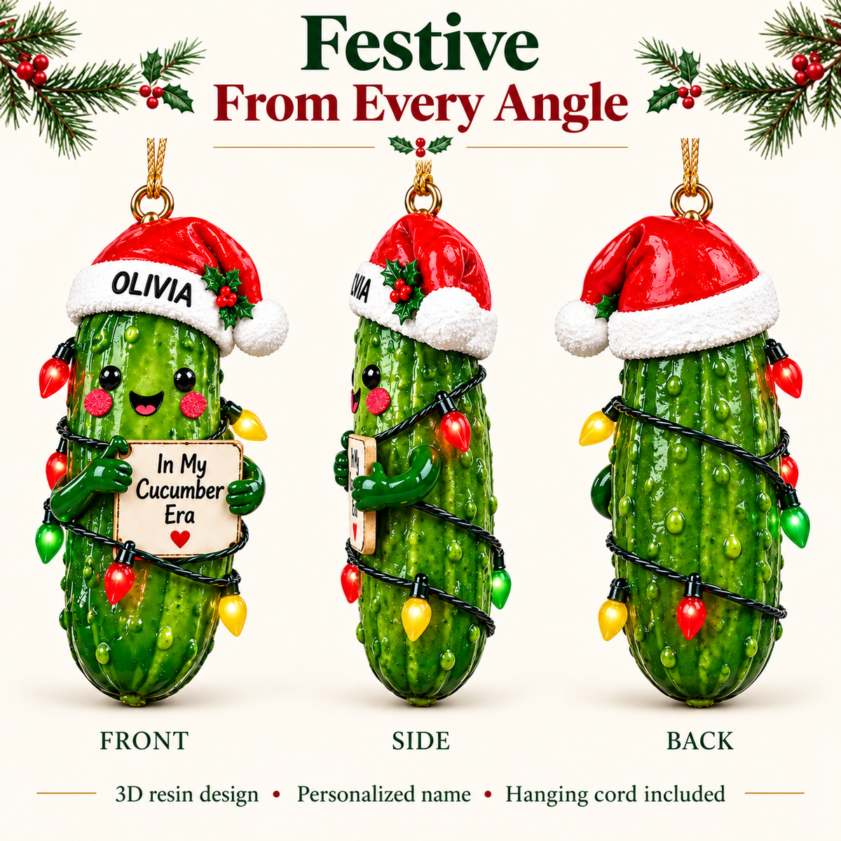 Personalized "In My Cucumber Era" Christmas Pickle Ornament 🥒✨ | Funny Custom 3D Tree Decor