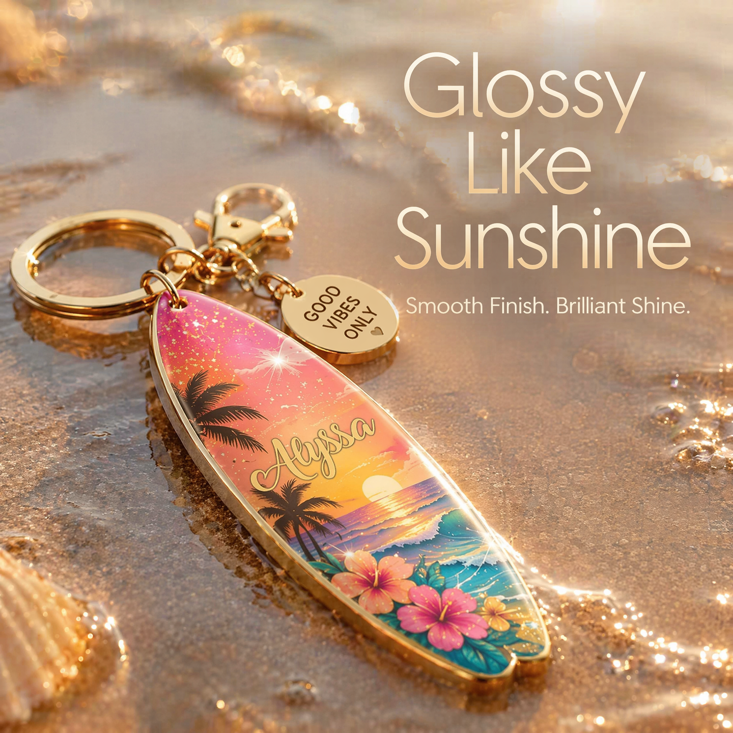 🌅🌴Personalized Tropical Sunset Surfboard Keychain | Custom Name Beach Bag Charm | "Good Vibes Only"