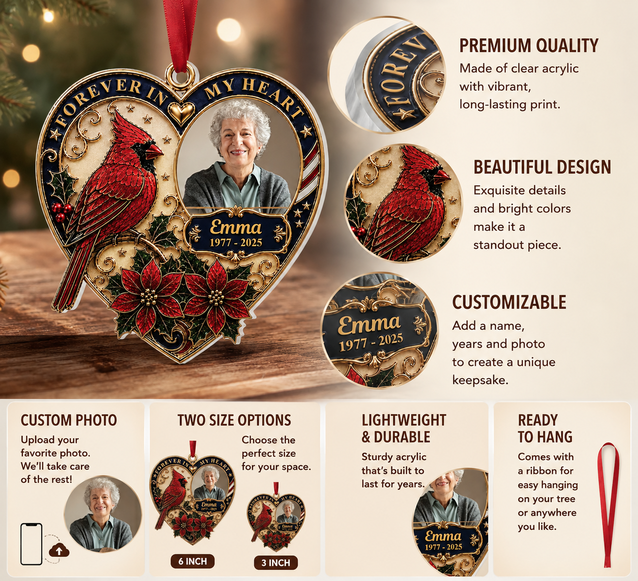 🕊️ Personalized "Forever In My Heart" Cardinal Memorial Ornament | Custom Photo, Name &Dates ❤️