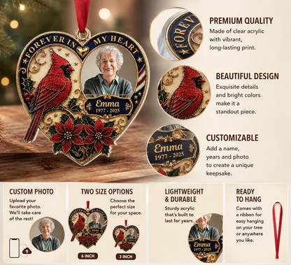 🕊️ Personalized "Forever In My Heart" Cardinal Memorial Ornament | Custom Photo, Name &Dates ❤️