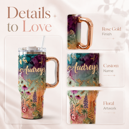 🌸✨Personalized Enchanted Garden Tumbler | Custom Name Gold Botanical & Hummingbird Design with Rose Gold Handle (30 oz/40 oz)