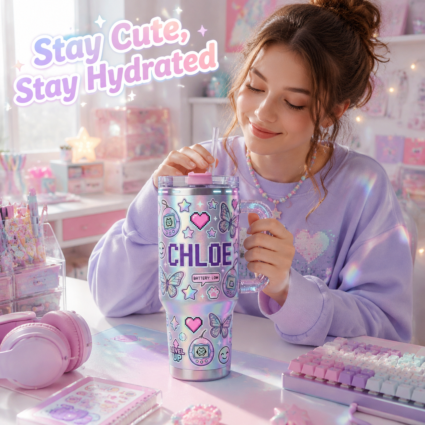 👾✨Personalized Y2K Cyber Aesthetic Tumbler | Custom Pixel Name Holographic Gamer Cup with Glitter Handle (30 oz/ 40 oz)