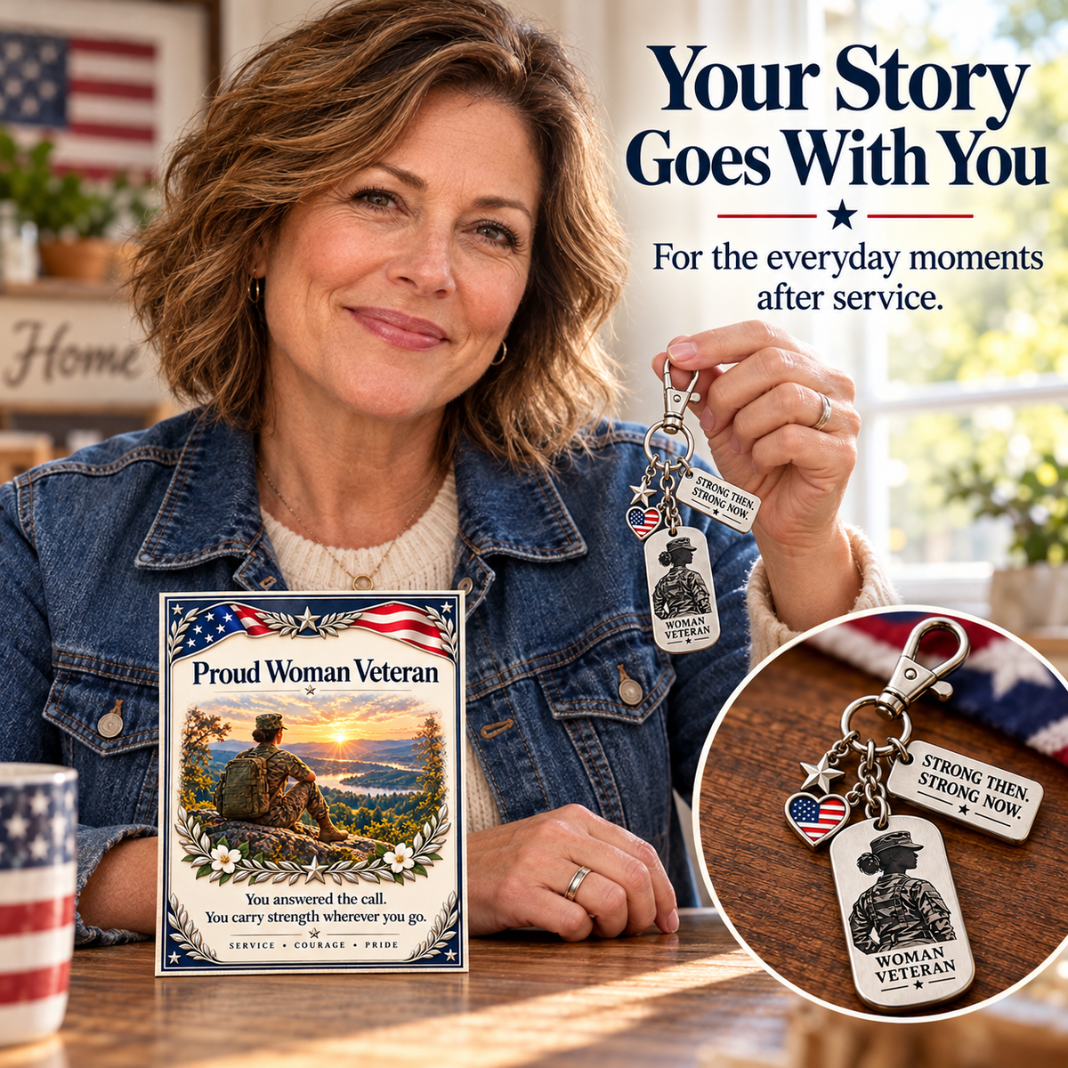 🇺🇸 Proud Woman Veteran Keychain & Message Card