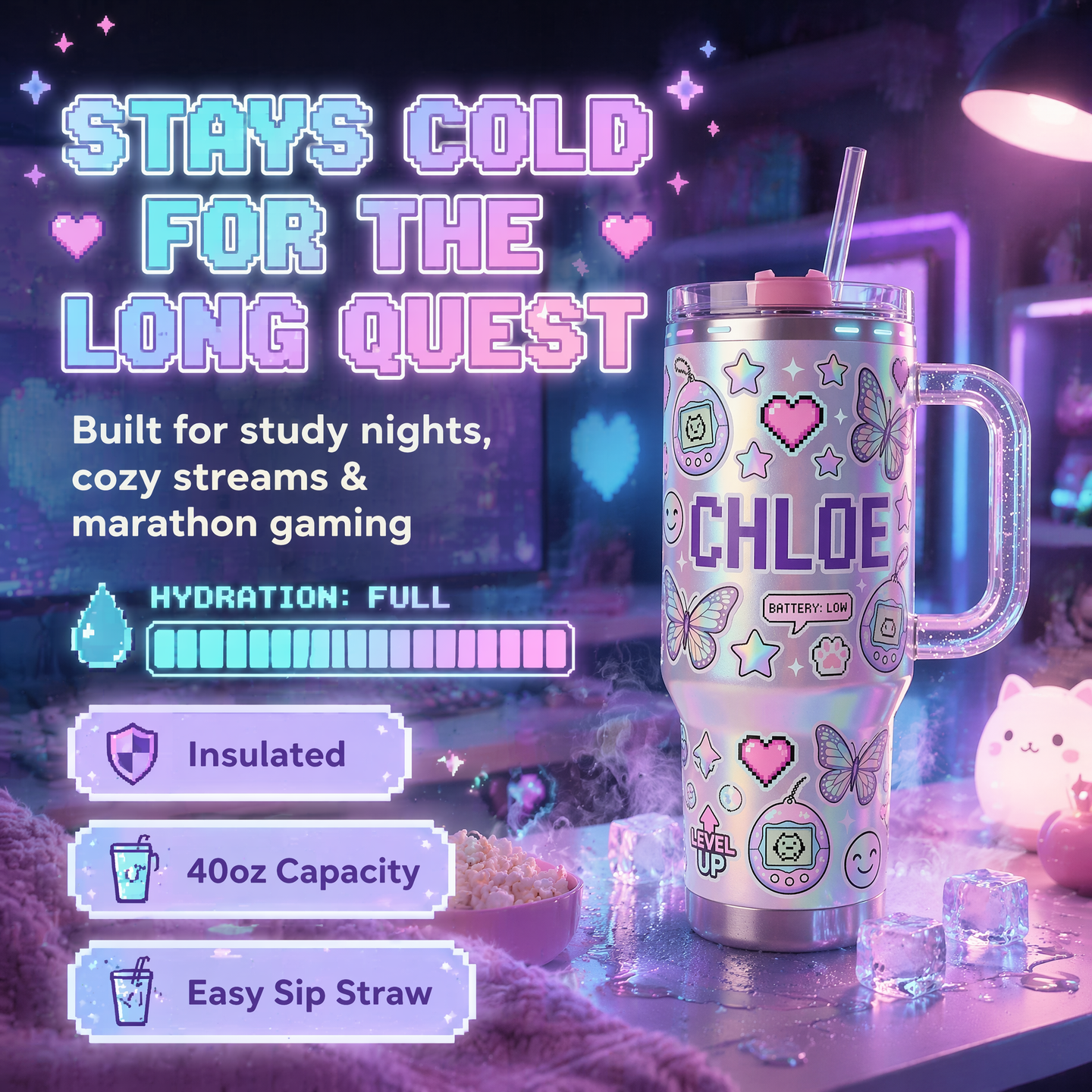 👾✨Personalized Y2K Cyber Aesthetic Tumbler | Custom Pixel Name Holographic Gamer Cup with Glitter Handle (30 oz/ 40 oz)
