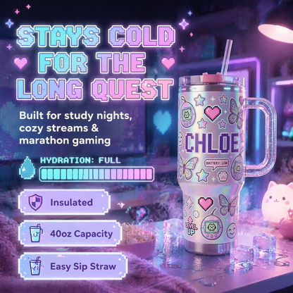 👾✨Personalized Y2K Cyber Aesthetic Tumbler | Custom Pixel Name Holographic Gamer Cup with Glitter Handle (30 oz/ 40 oz)