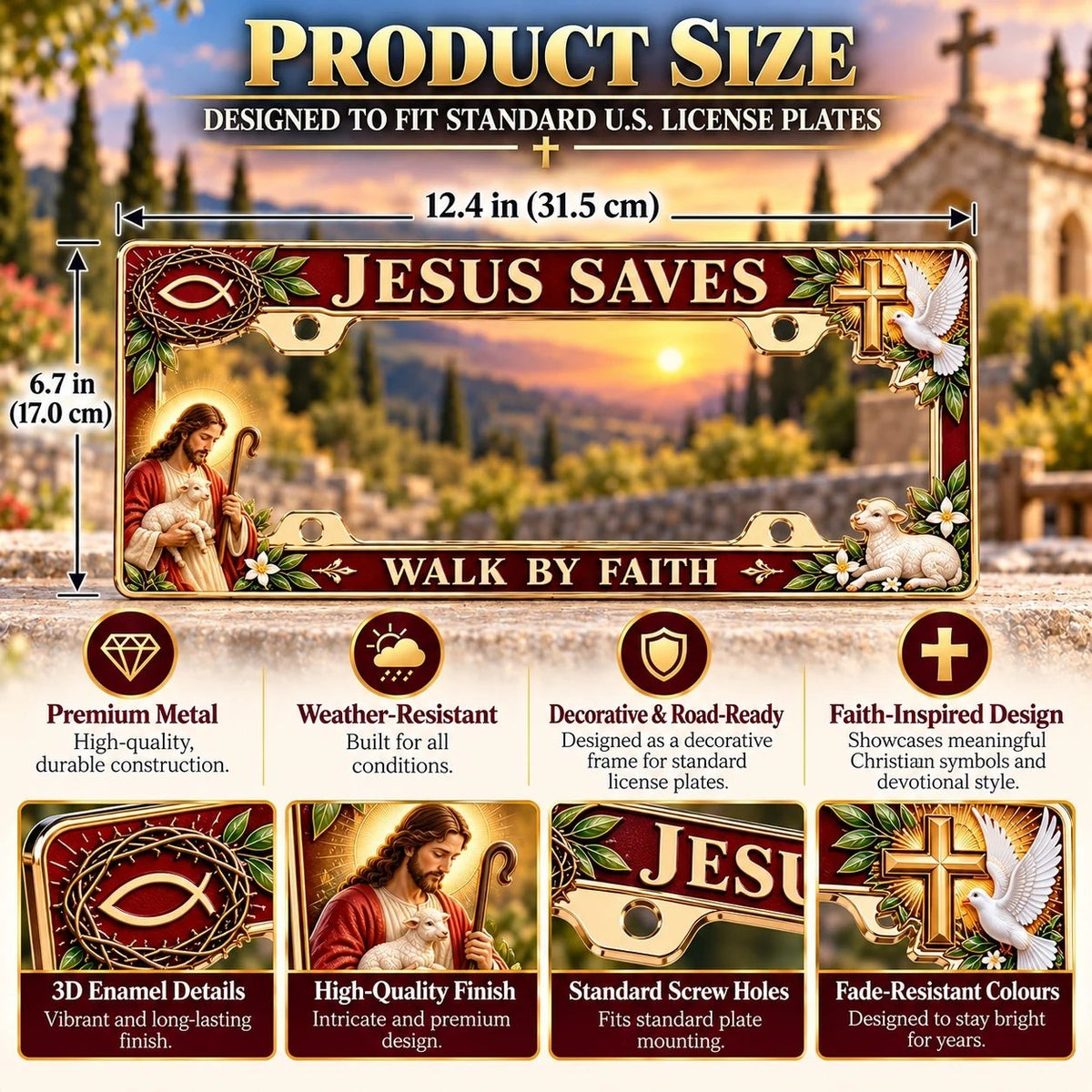 ✝️ “Jesus Saves” & “Walk by Faith” Commemorative Jesus License Plate Frame | Premium Metal, 3D Enamel Details & Secure Screw-On Fit 🚗