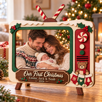 📺 Personalized Retro TV Christmas Photo Frame | Custom Names, Year & Milestone Wooden Keepsake 🎄