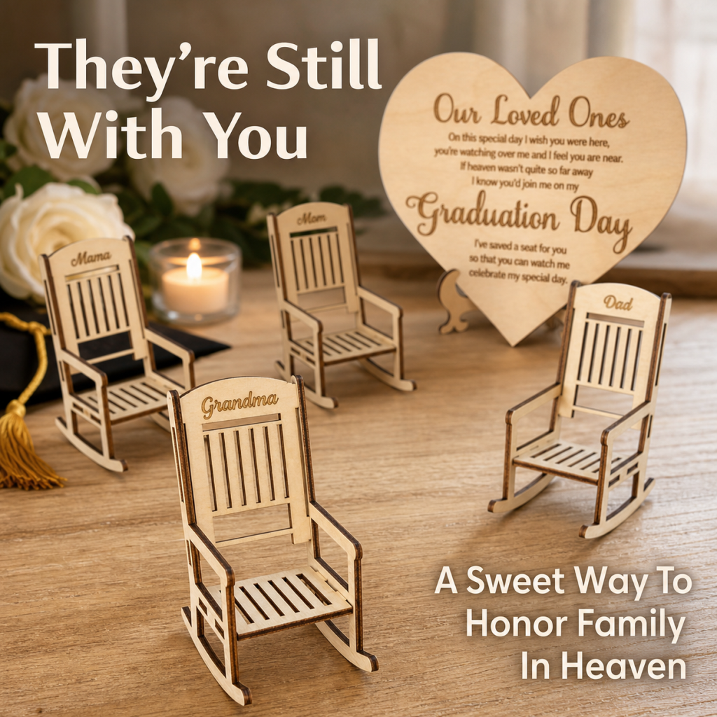 "Save a Seat" Personalized Graduation Memorial Set - Custom Wooden Rocking Chairs & Heart Sign