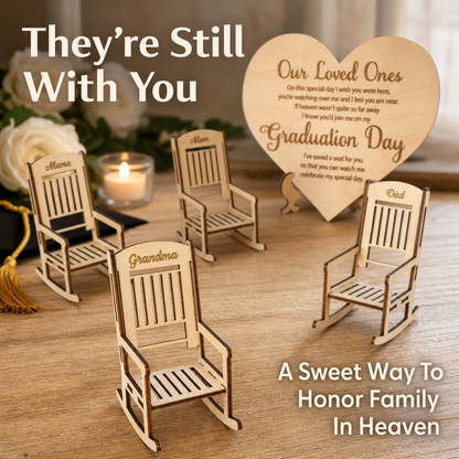 "Save a Seat" Personalized Graduation Memorial Set - Custom Wooden Rocking Chairs & Heart Sign