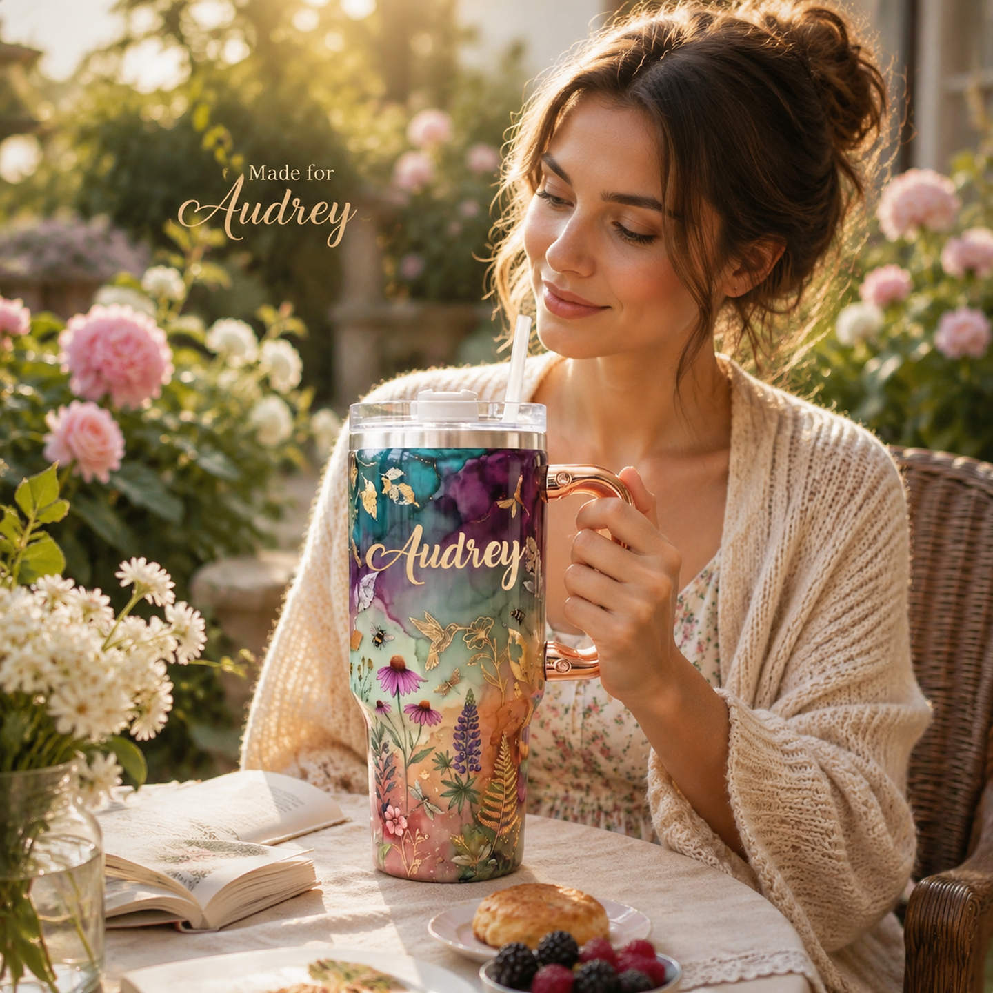 🌸✨Personalized Enchanted Garden Tumbler | Custom Name Gold Botanical & Hummingbird Design with Rose Gold Handle (30 oz/40 oz)
