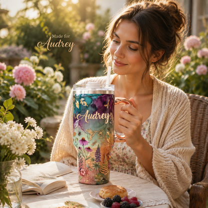 🌸✨Personalized Enchanted Garden Tumbler | Custom Name Gold Botanical & Hummingbird Design with Rose Gold Handle (30 oz/40 oz)