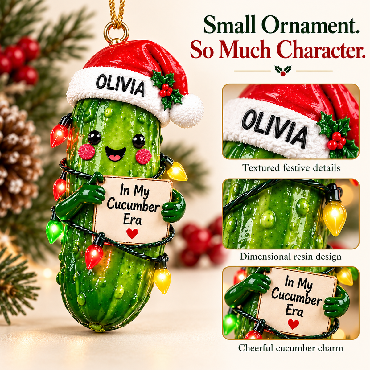 Personalized "In My Cucumber Era" Christmas Pickle Ornament 🥒✨ | Funny Custom 3D Tree Decor