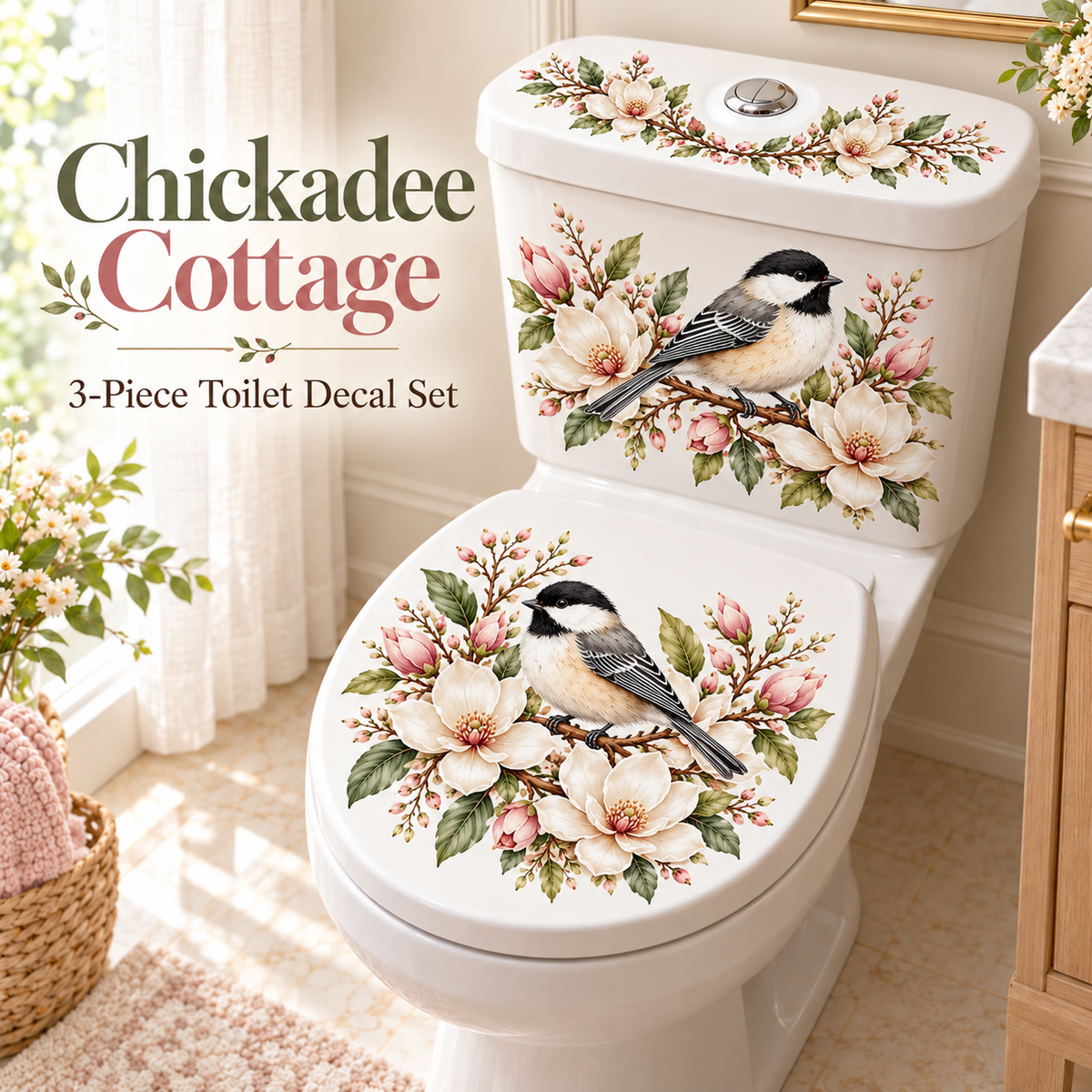 Last Day 50% OFF-Only$12.99🎁 Nature's Melody 3-Piece Floral & Bird Toilet Decal Set 🌸🐦 | Instant Bathroom Makeover
