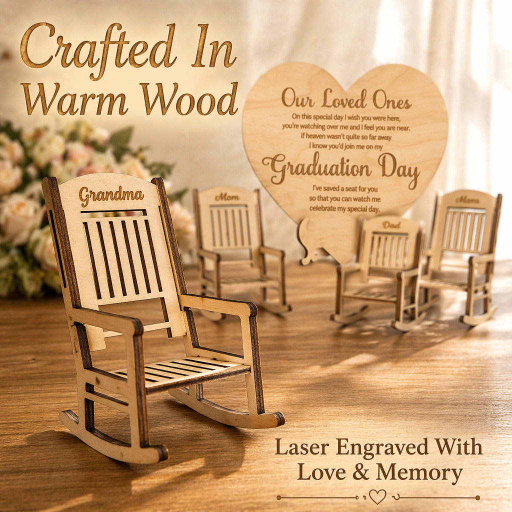 "Save a Seat" Personalized Graduation Memorial Set - Custom Wooden Rocking Chairs & Heart Sign