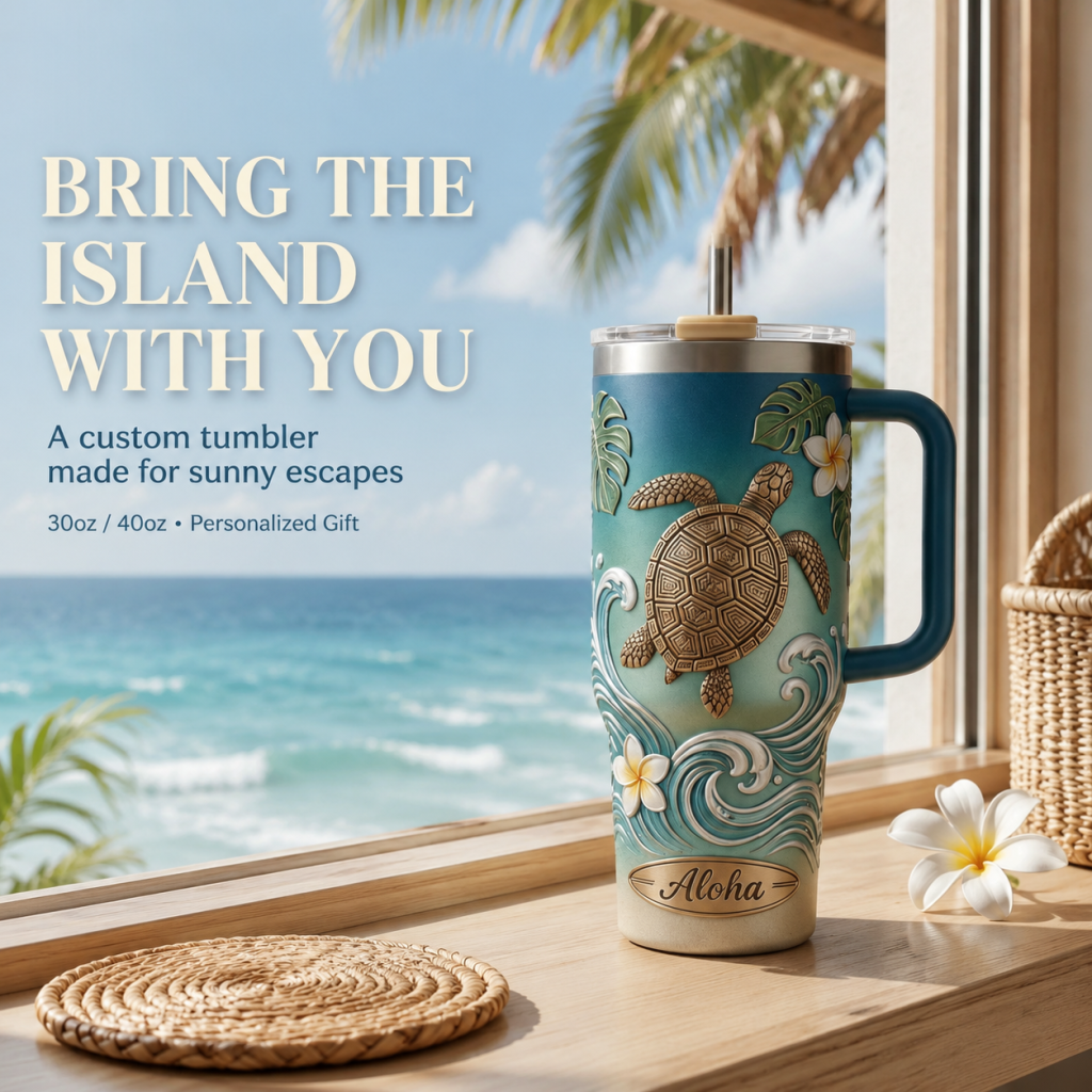 🌺 Personalized "Honu" Embossed Tumbler | Your Custom Tropical Escape (30oz/40oz)