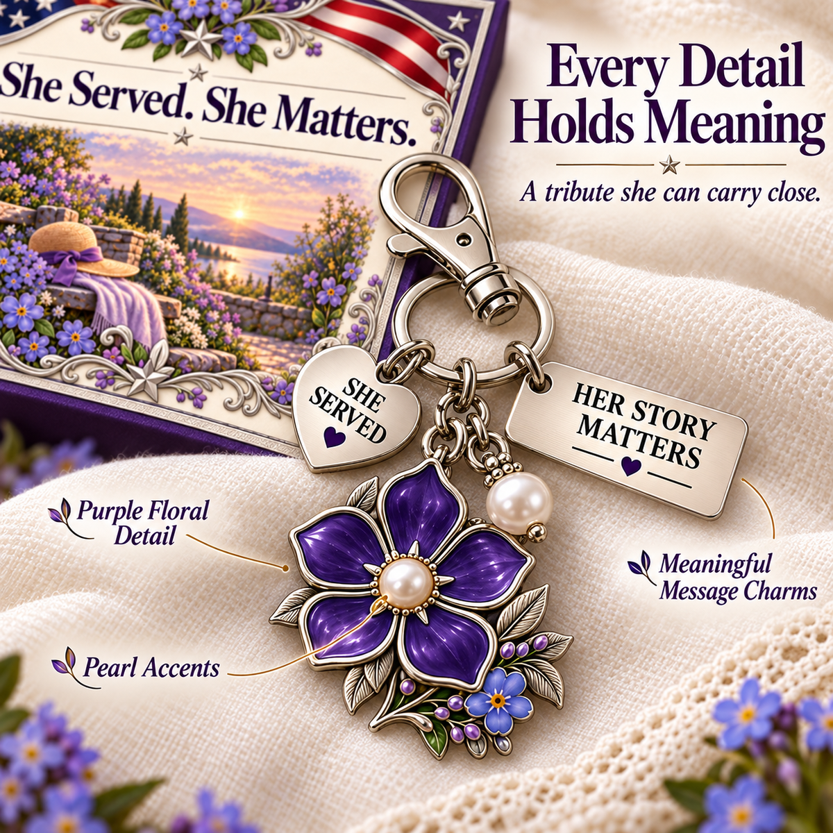💜 She Served. She Matters. | Purple Forget-Me-Not Keychain & Message Card for Women Veterans