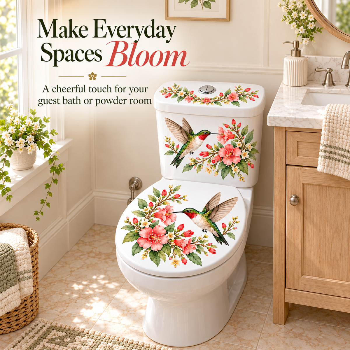 Last Day 50% OFF-Only$12.99🎁 Nature's Melody 3-Piece Floral & Bird Toilet Decal Set 🌸🐦 | Instant Bathroom Makeover