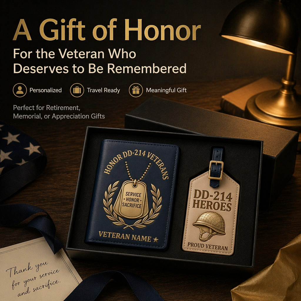 Personalized DD-214 Veterans Custom Leather Passport Cover & Luggage Tag Set