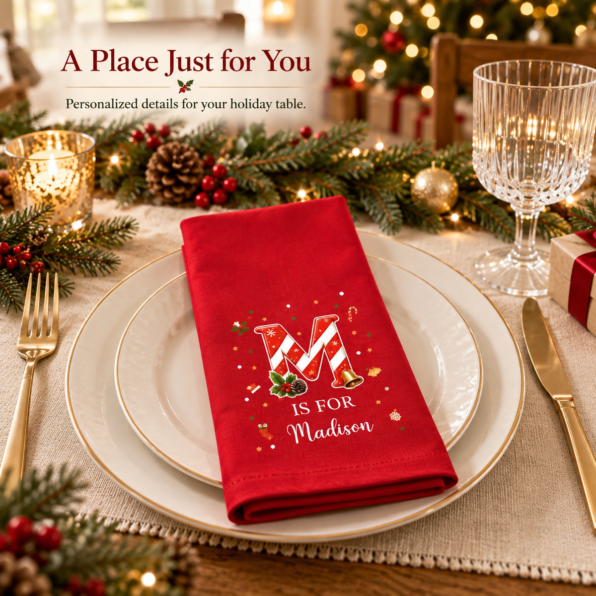 🎄 Personalized Candy Cane Initial Christmas Napkins | Custom Name Holiday Table Decor & Hostess Gift 🎅
