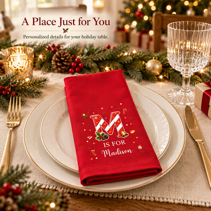 🎄 Personalized Candy Cane Initial Christmas Napkins | Custom Name Holiday Table Decor & Hostess Gift 🎅