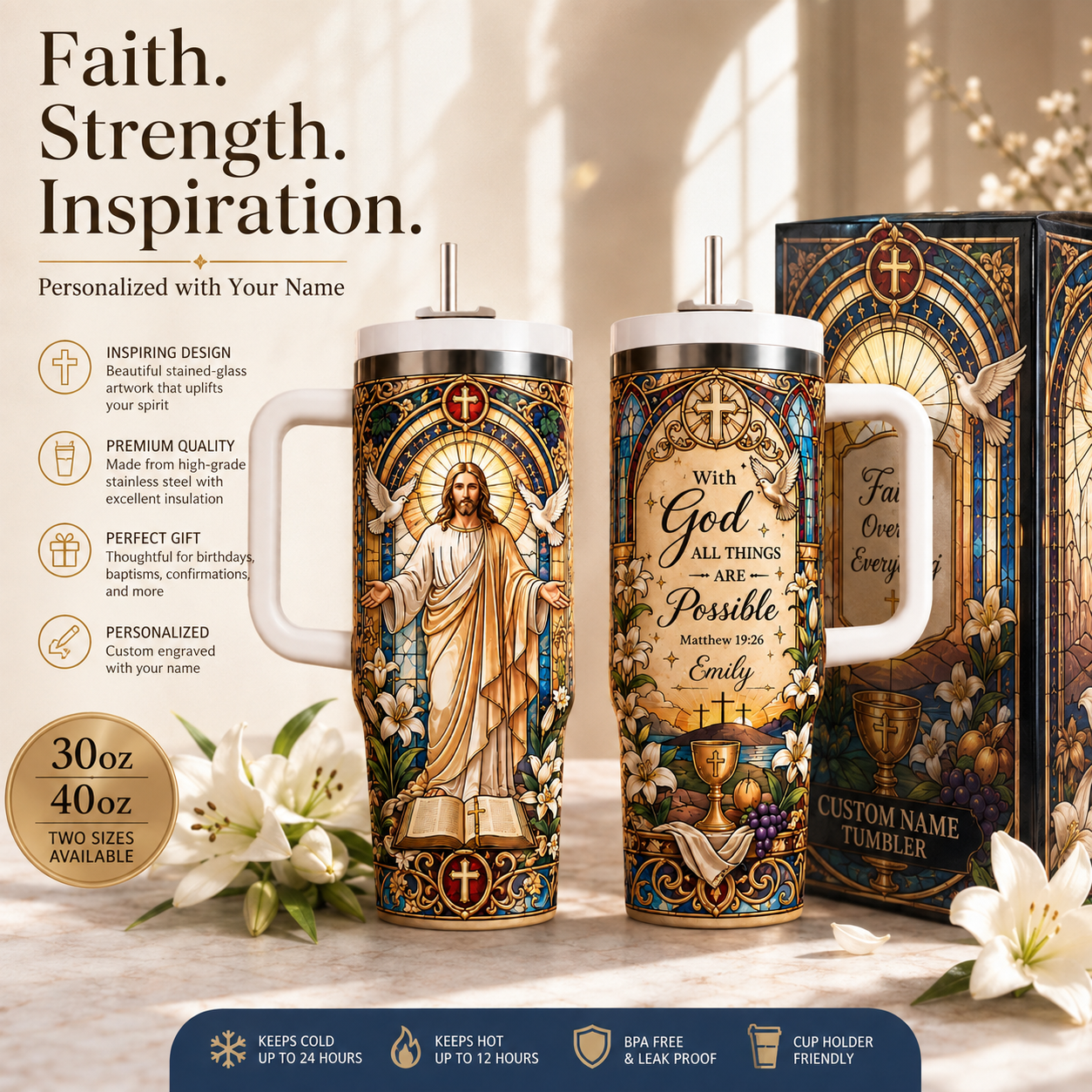 ✨ Personalized Stained Glass Jesus Tumbler | "With God All Things Are Possible" Custom Name Cup | 30oz &40oz 🎁