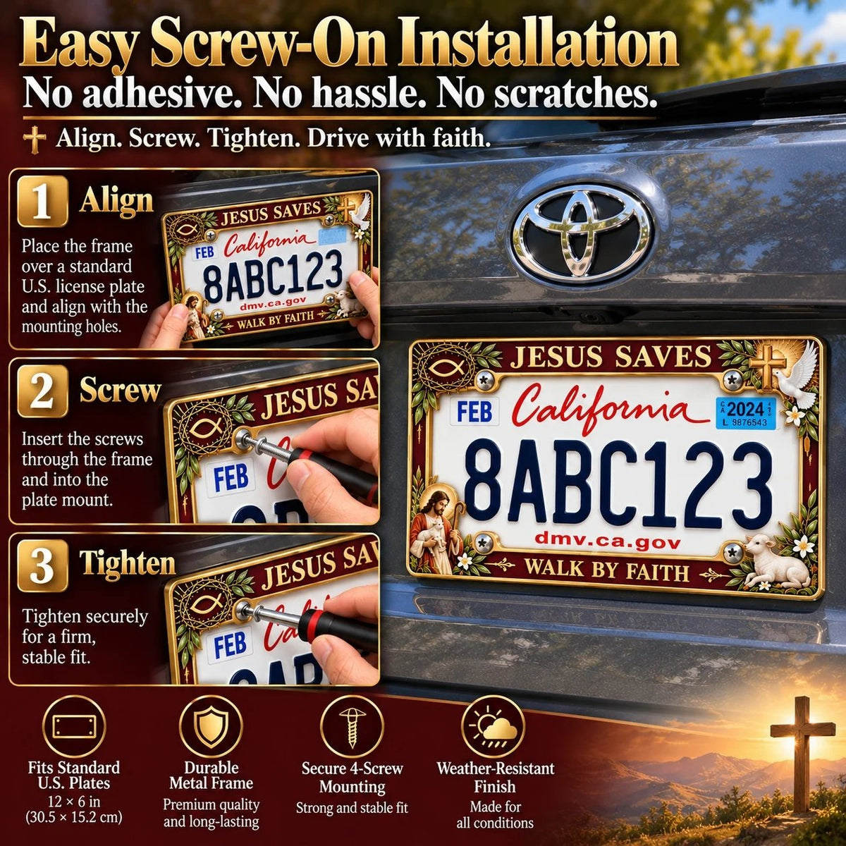 ✝️ “Jesus Saves” & “Walk by Faith” Commemorative Jesus License Plate Frame | Premium Metal, 3D Enamel Details & Secure Screw-On Fit 🚗
