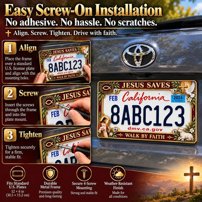 ✝️ “Jesus Saves” & “Walk by Faith” Commemorative Jesus License Plate Frame | Premium Metal, 3D Enamel Details & Secure Screw-On Fit 🚗