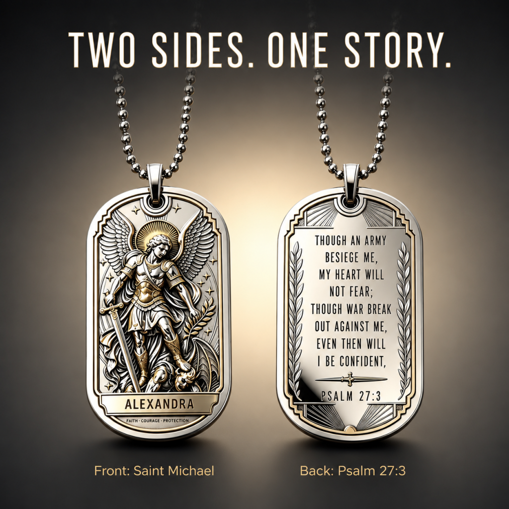 St. Michael Custom Engraved Dog Tag Necklace | Psalm 27:3