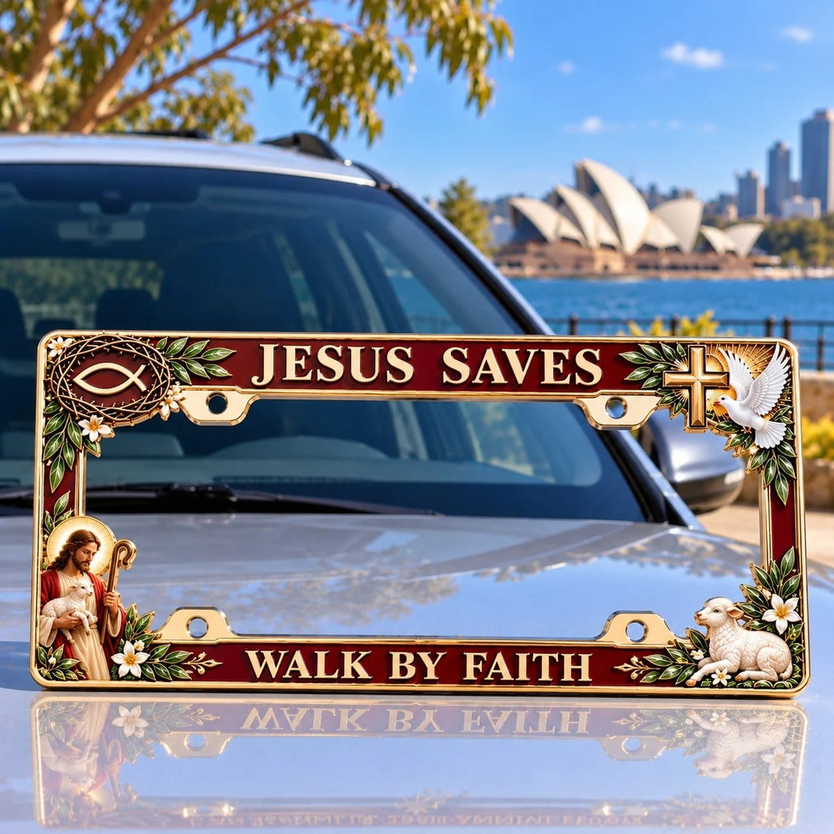 ✝️ “Jesus Saves” & “Walk by Faith” Commemorative Jesus License Plate Frame | Premium Metal, 3D Enamel Details & Secure Screw-On Fit 🚗