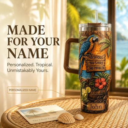 Personalized Tiki Life 40oz Tumbler 🦜 Custom Name Tropical Gift 🌺