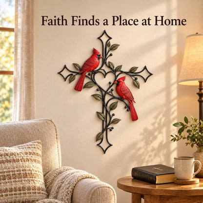 ❤️🐦 Love Stays Close – Cardinal Heart Cross Wall Decor