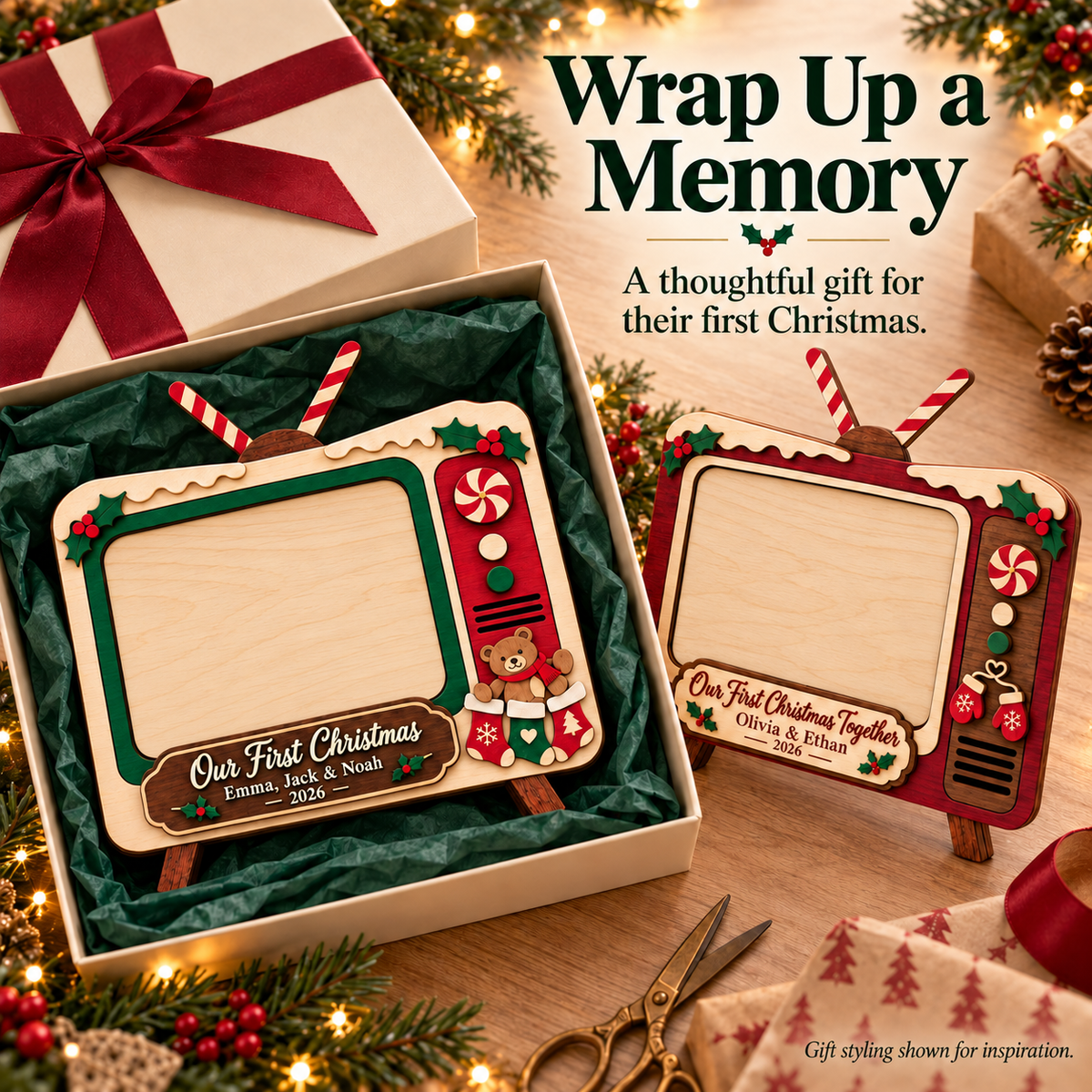 📺 Personalized Retro TV Christmas Photo Frame | Custom Names, Year & Milestone Wooden Keepsake 🎄