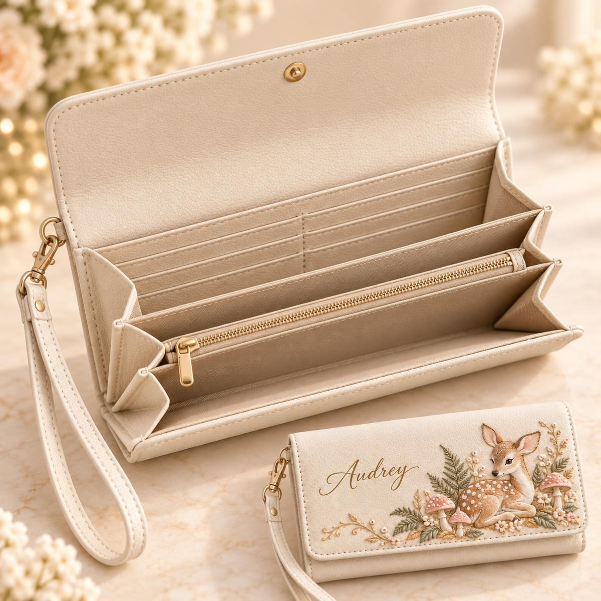 ✨ Custom Name "Flora & Fauna"  Embossed Wristlet Wallet | Personalized Everyday Purse