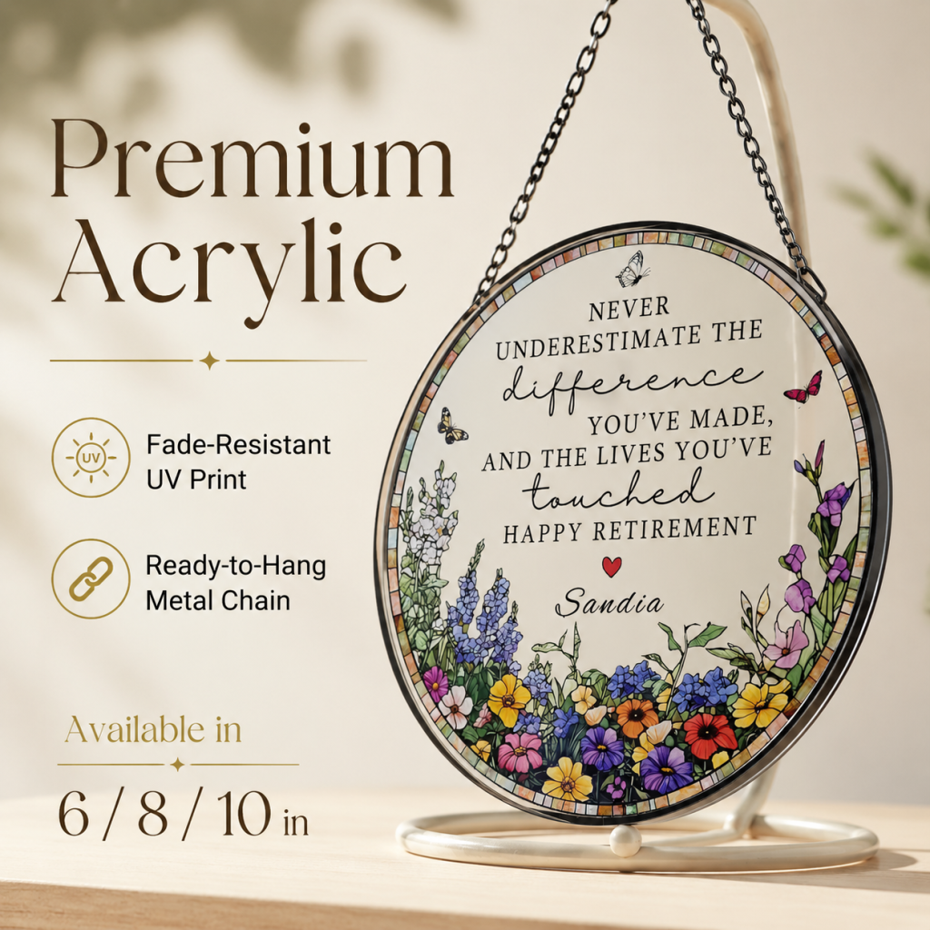 ✨ Personalized "Happy Retirement" Floral Suncatcher | Custom Name Window Hanging Keepsake 🦋