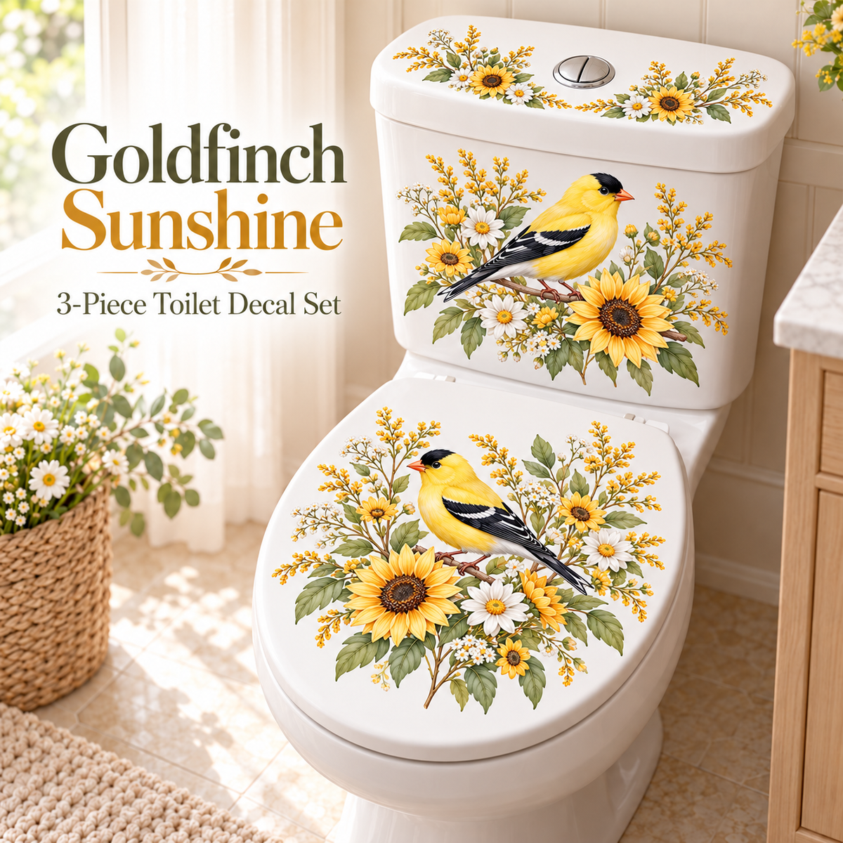 Last Day 50% OFF-Only$12.99🎁 Nature's Melody 3-Piece Floral & Bird Toilet Decal Set 🌸🐦 | Instant Bathroom Makeover