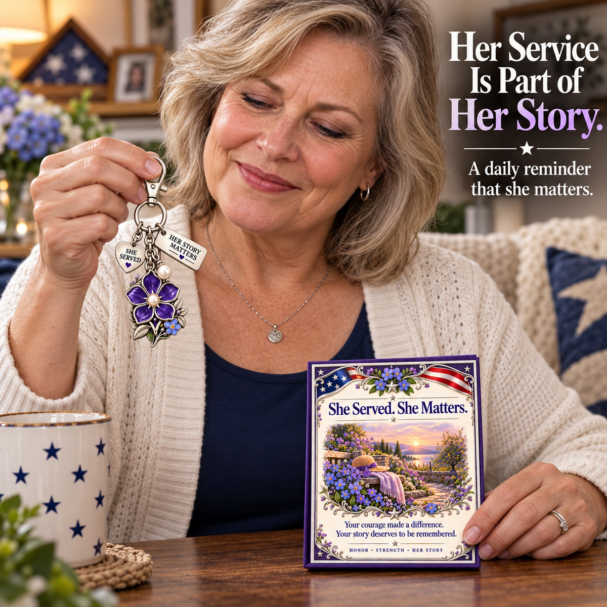 💜 She Served. She Matters. | Purple Forget-Me-Not Keychain & Message Card for Women Veterans