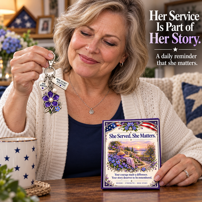 💜 She Served. She Matters. | Purple Forget-Me-Not Keychain & Message Card for Women Veterans