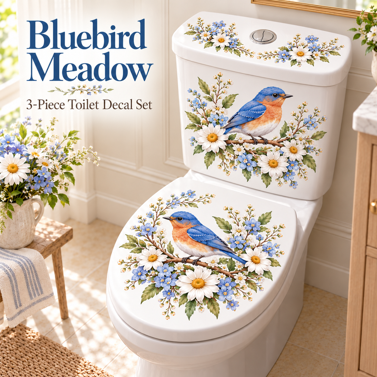 Last Day 50% OFF-Only$12.99🎁 Nature's Melody 3-Piece Floral & Bird Toilet Decal Set 🌸🐦 | Instant Bathroom Makeover