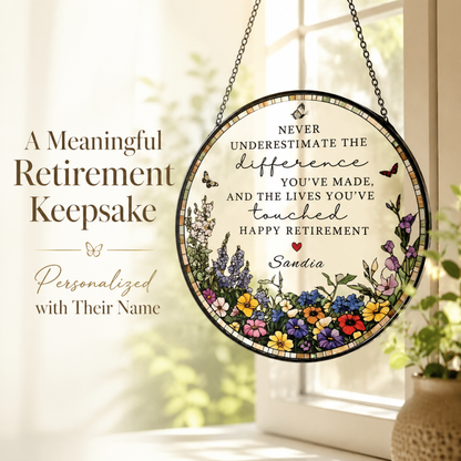 ✨ Personalized "Happy Retirement" Floral Suncatcher | Custom Name Window Hanging Keepsake 🦋