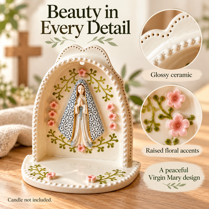 Serene Virgin Mary Tealight Holder 🕊️ | A Quiet Moment of Prayer (Ceramic Grotto)