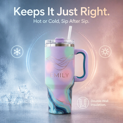 Personalized 30oz/40oz Pastel Dream Tumbler | Custom Name Ethereal Gradient Rose Gold Line Art | Insulated Travel Mug
