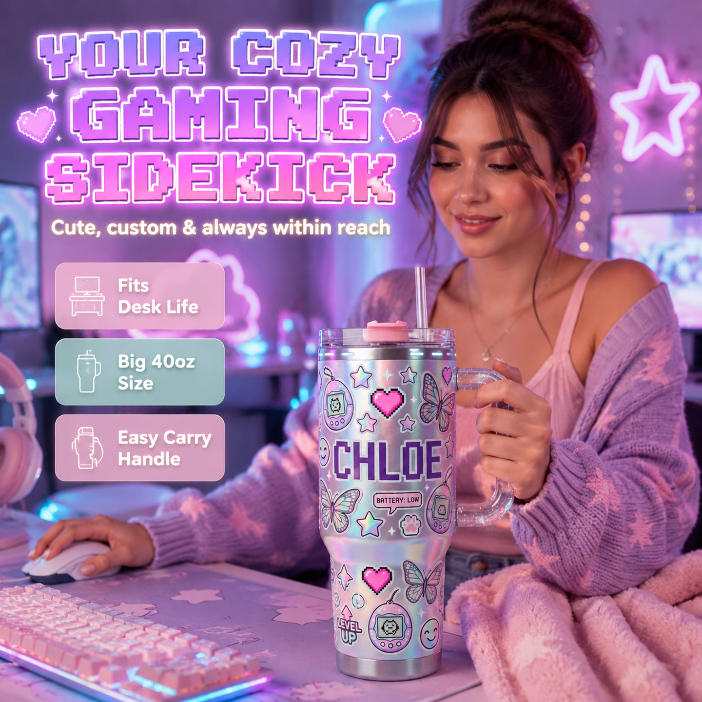 👾✨Personalized Y2K Cyber Aesthetic Tumbler | Custom Pixel Name Holographic Gamer Cup with Glitter Handle (30 oz/ 40 oz)