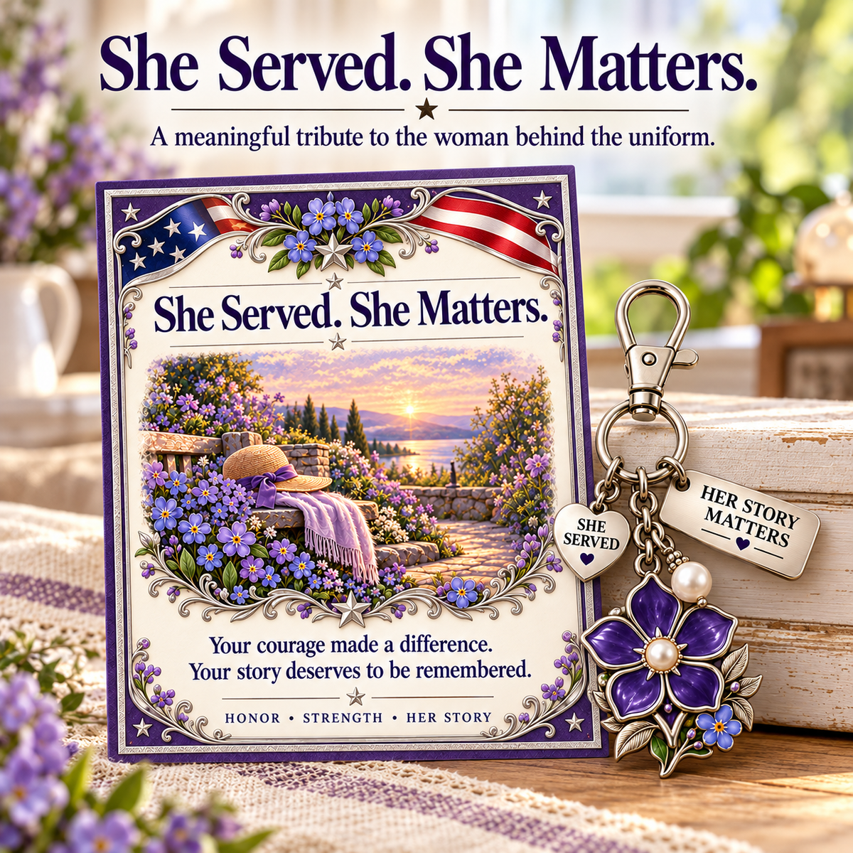 💜 She Served. She Matters. | Purple Forget-Me-Not Keychain & Message Card for Women Veterans